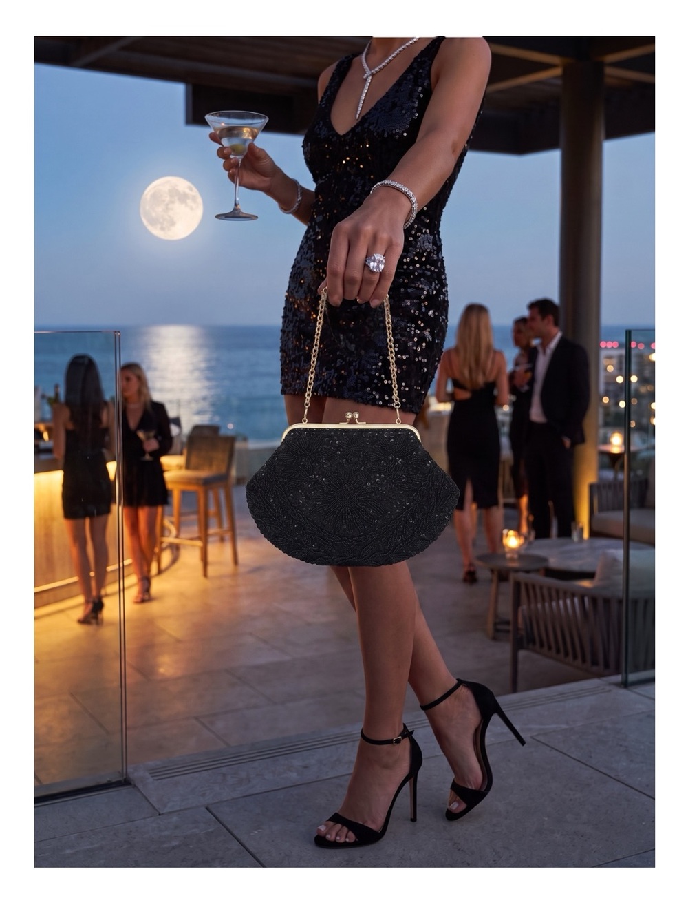Vintage: Handmade Sequin Embroidery Evening Mini Bag ❁ Black Silk ❁ Gold Chain